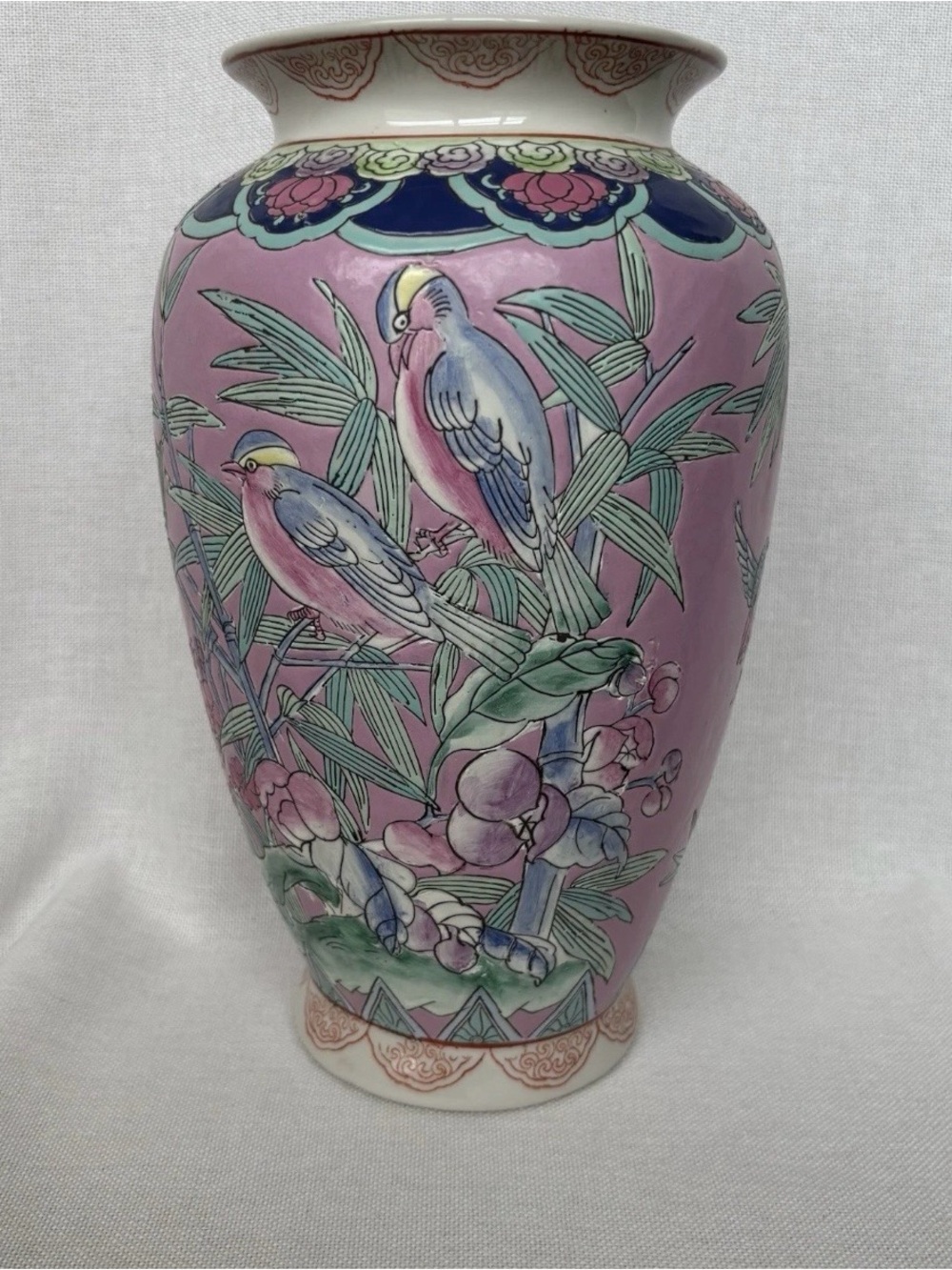 Vintage Chinese Chinoiserie Pink Bird Vase Hand Made, Painted 12.5 x 7